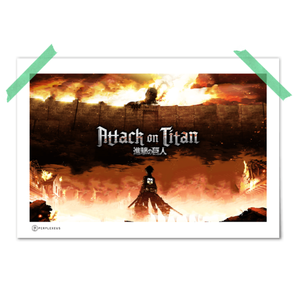 Attack on titans Colossus Titan Destoying city Fire Destruction Battle Epic Poster